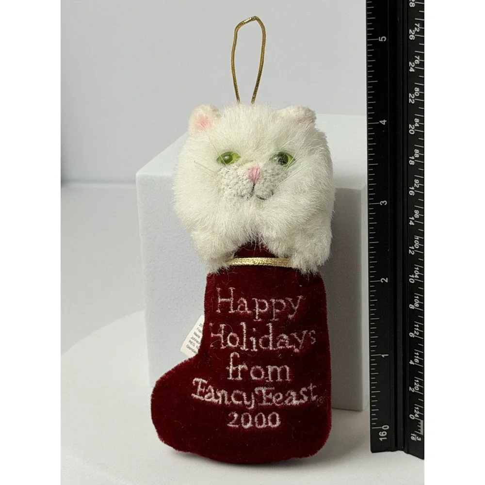 Fancy Feast Christmas ornament 2000 plush white Persian cat in stocking